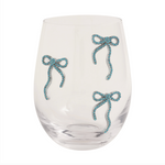 Glassware clear stemless wine glass featuring three sparkling blue rhinestone bow decals