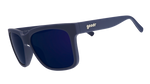 Product image of goodr sunglasses featuring a matte navy blue frame dark reflective blue lenses and a gold goodr logo on the right temple
