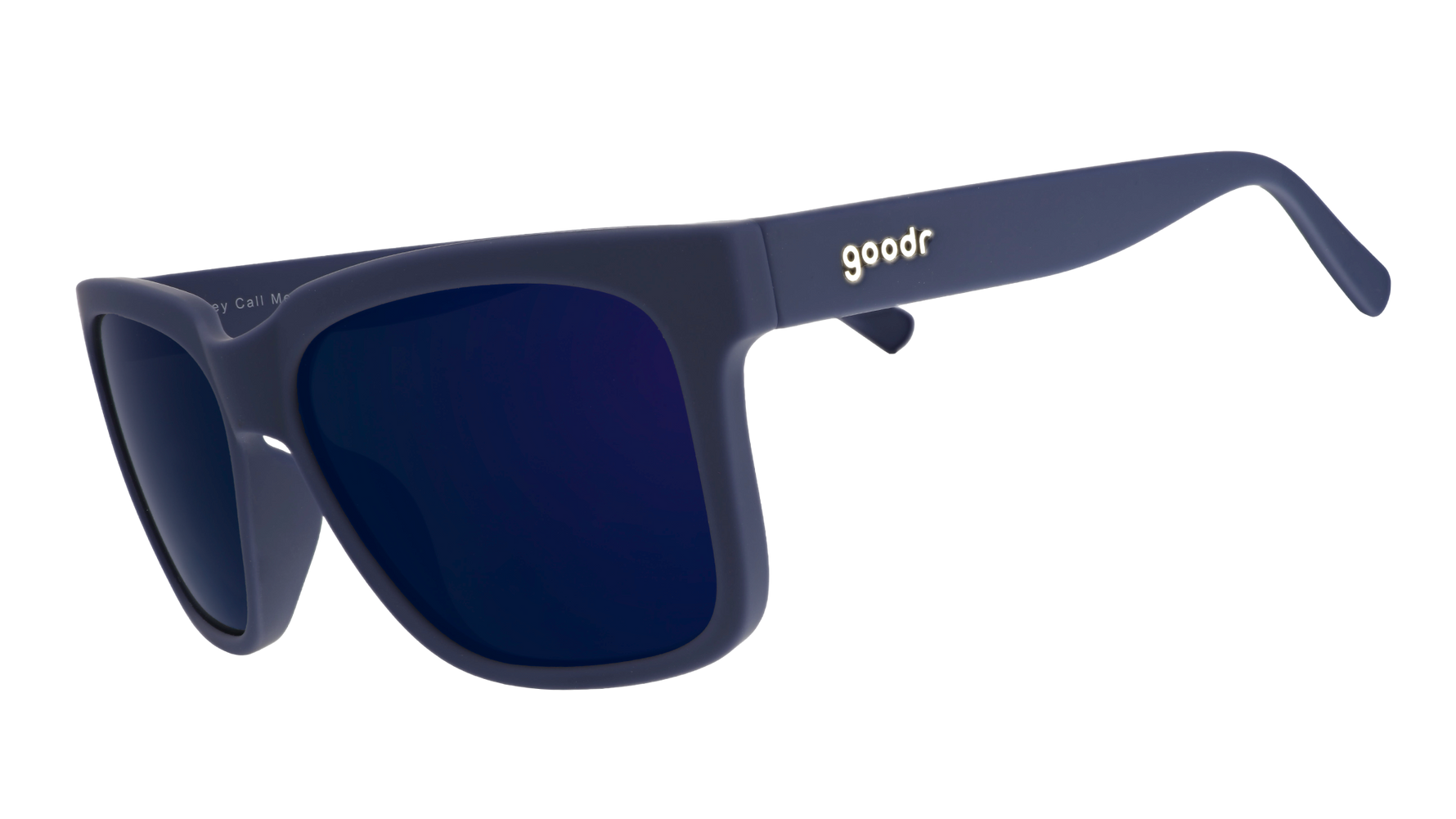 Product image of goodr sunglasses featuring a matte navy blue frame dark reflective blue lenses and a gold goodr logo on the right temple