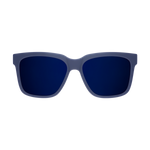 Blue sunglasses with dark lenses on a white background
