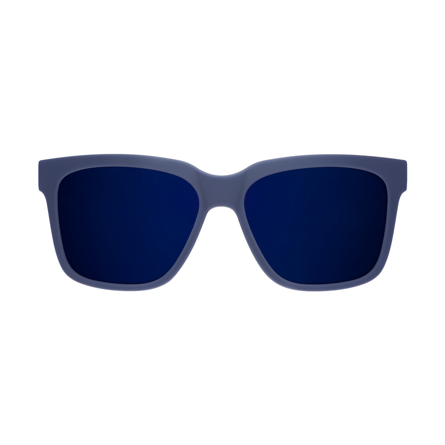 Blue sunglasses with dark lenses on a white background