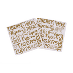 Paper napkins featuring a repeated gold pattern of "Tigers" in various script and block fonts with subtle tiger head and full body illustrations