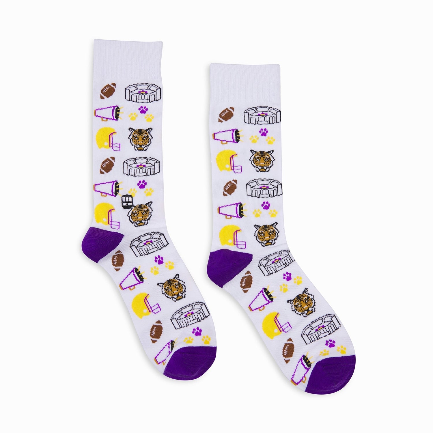 White socks with sports-themed icons and purple toes on a white background