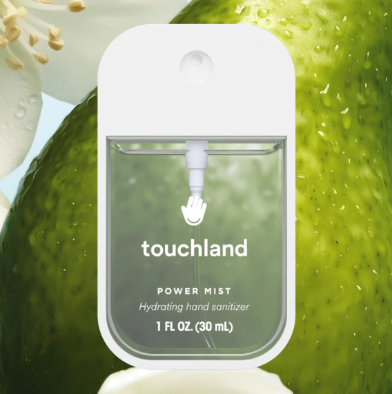 Touchland Power Mist hydrating hand sanitizer spray bottle against a lime background