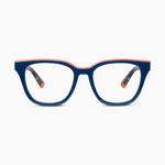 Navy blue cat-eye eyeglasses featuring a thin coral top line and vibrant multi-colored striped temple arms on a clean white background