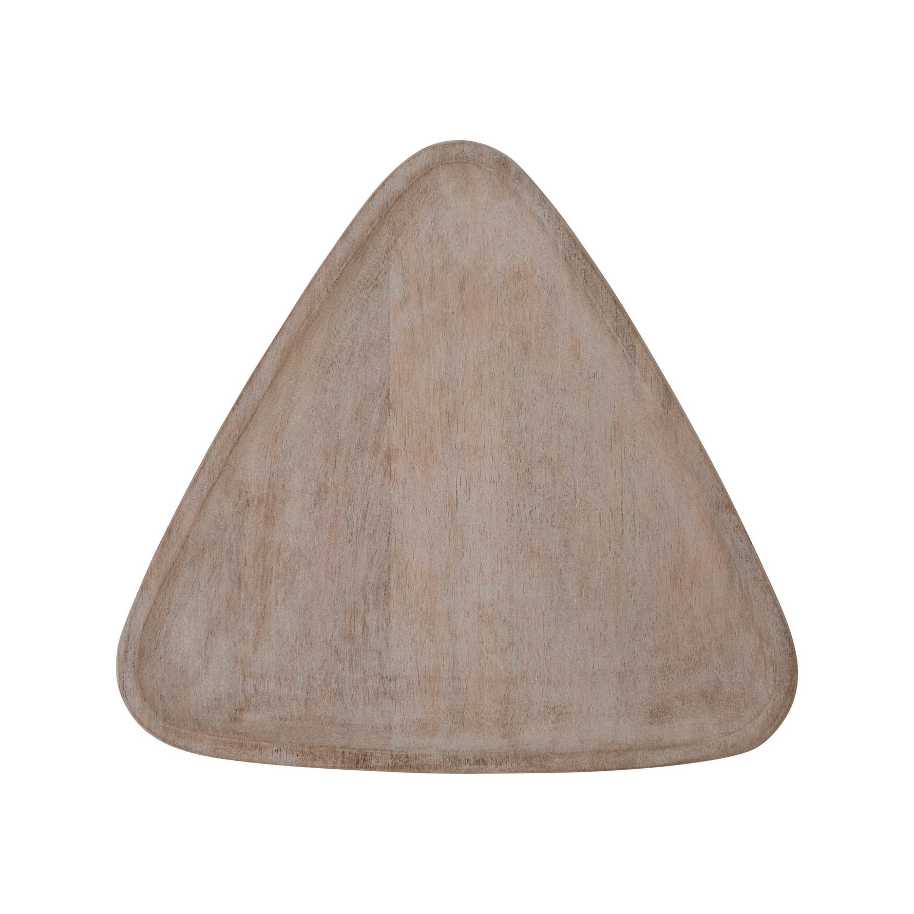 Light wooden rounded triangular serving tray featuring a subtle raised rim and natural grain texture