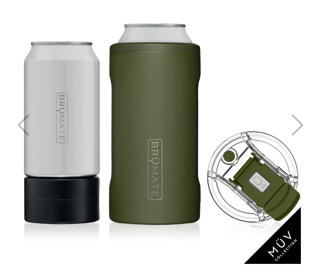 Product photography of two BruMate insulated can coolers, one matte white with a removable black base and one matte olive green, both displaying the BRÜMATE logo, accompanied by a clear MÜV collection lid with an olive green flip-top on a white background