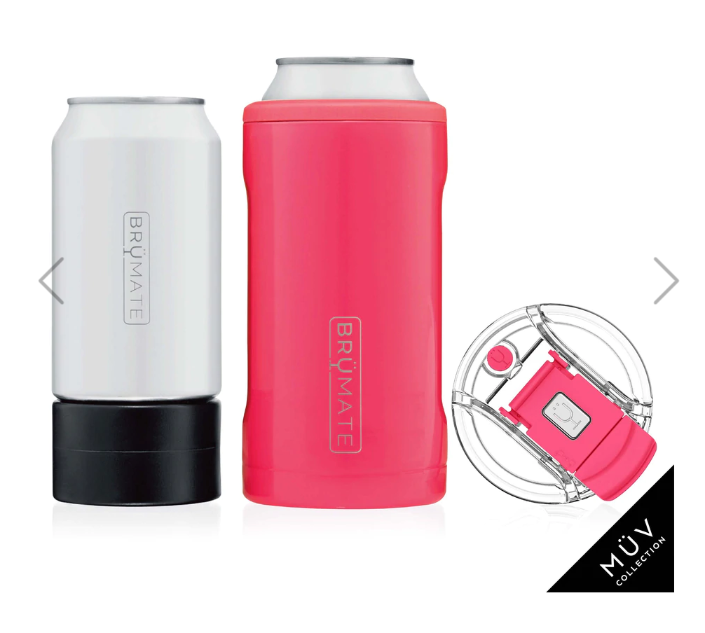 BrüMate product photography showcasing a white Hopsulator Slim can cooler on a black base, a hot pink Toddy XL mug, and a clear MÜV lid with a pink locking mechanism, highlighted by the MÜV Collection logo