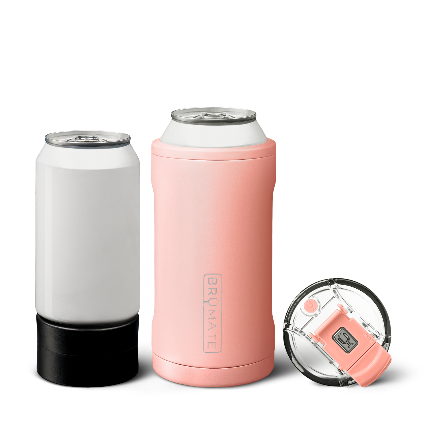 Brumate insulated drinkware featuring a white standard beverage can in a black koozie, a coral pink Brumate Hopsulator Duo with logo, and a clear lid with a pink sip-top closure