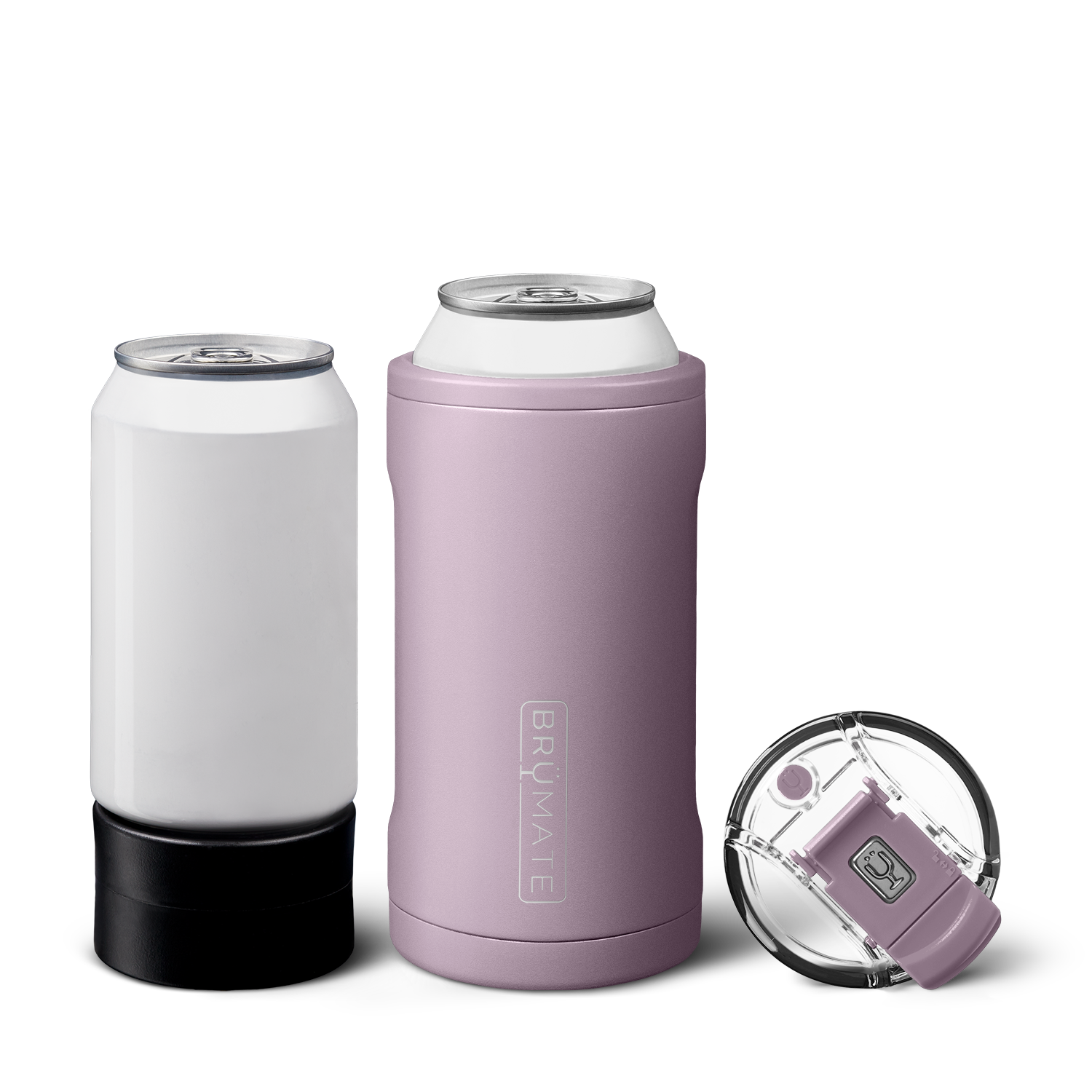 Product photograph of a white beverage can in a black holder next to a dusty lavender Brumate insulated can cooler holding a white can, with a clear flip-top lid featuring a lavender clasp on a white background