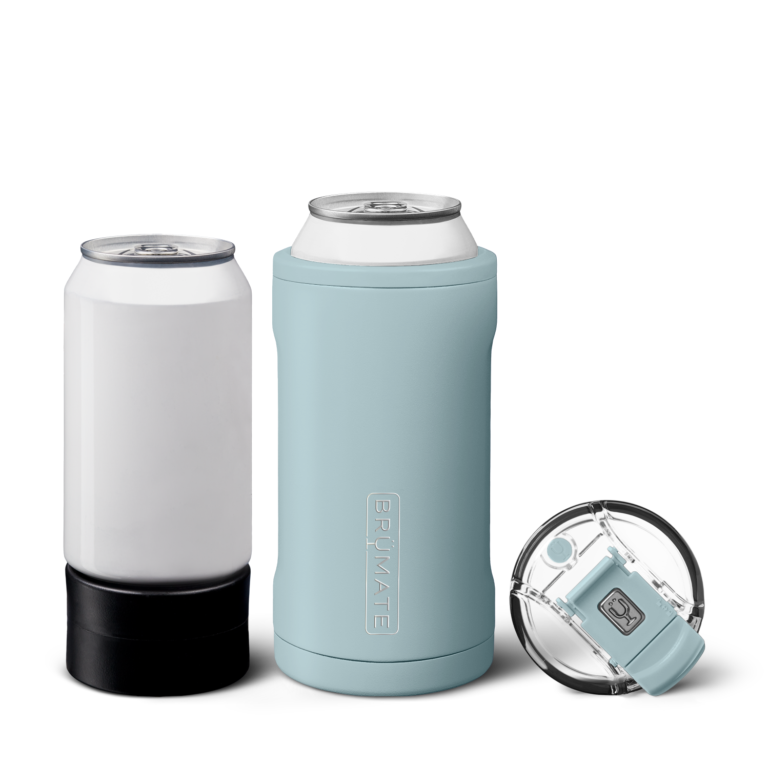 Brumate product photography displays a white beverage can on a black coaster, a light blue Brumate insulated can cooler holding another beverage can with the brand logo embossed, and a clear flip-top lid with a matching light blue closure
