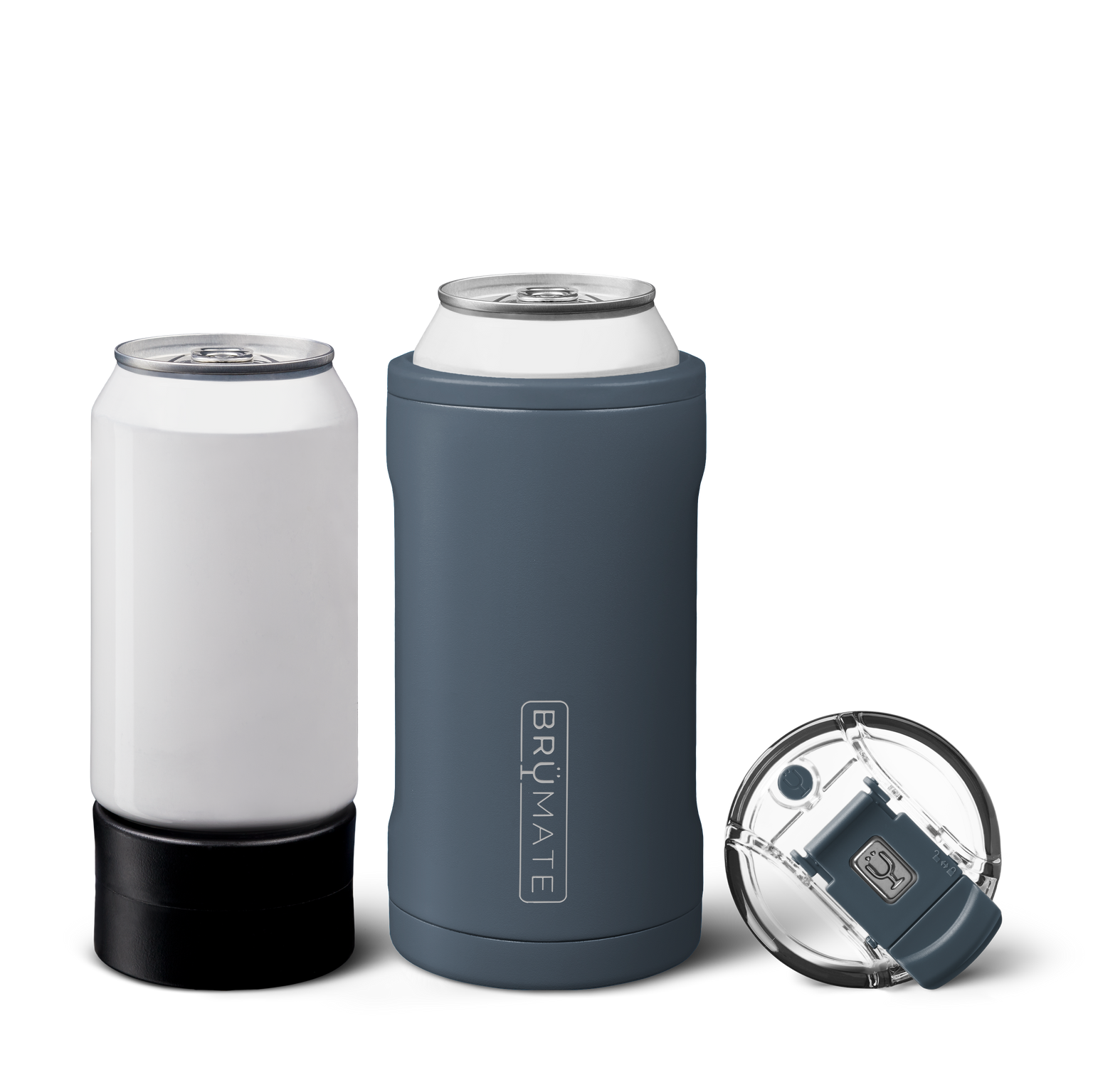 Studio product photography of a white aluminum can next to a gray Brumate Hopsulator TRIO insulated can cooler holding a can and a separate clear Brumate lid with a gray flip-top all on a black reflective background