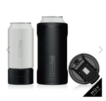 Brümate product shot featuring a white slim can cooler with a black base, a black larger can cooler, and a black MÜV Collection spill-proof lid displayed on a white background