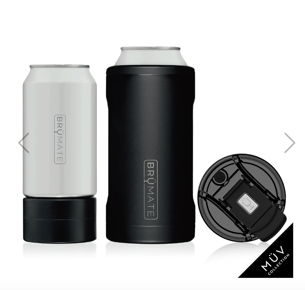 Brümate product shot featuring a white slim can cooler with a black base, a black larger can cooler, and a black MÜV Collection spill-proof lid displayed on a white background