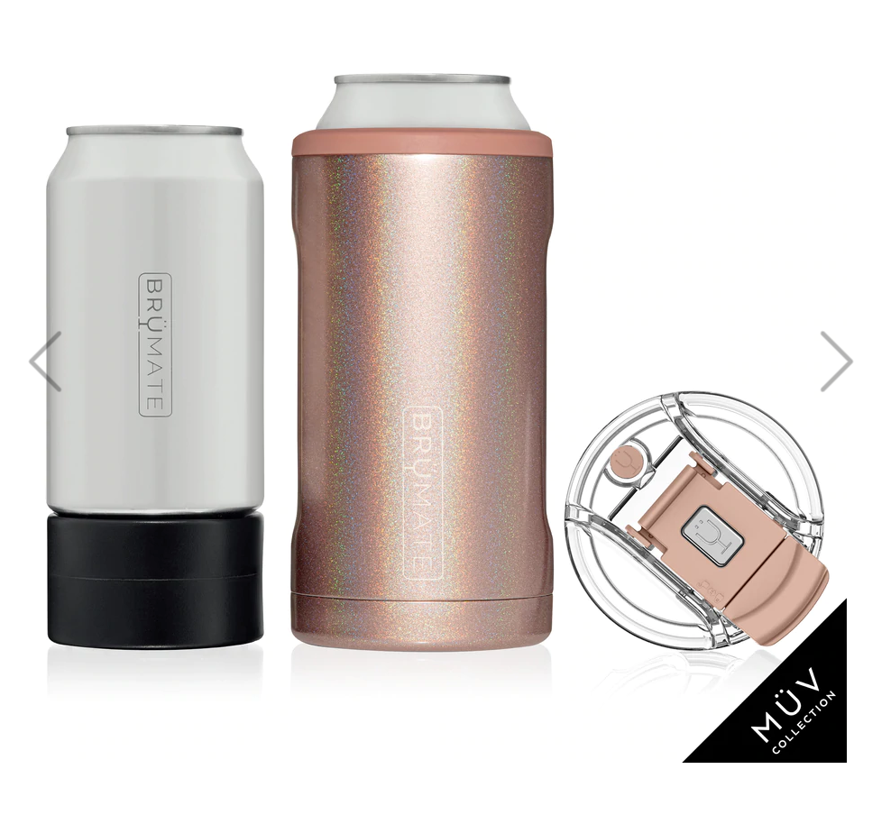 Brumate insulated can cooler in white with a black base next to a sparkling rose gold slim can holder featuring a rose gold ring and a separate clear MÜV Collection lid with a matching rose gold flip-top