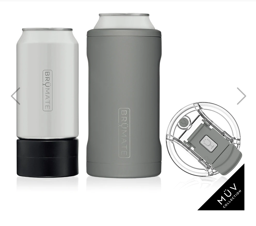 BrüMate product photography featuring a white Hopsulator Slim can cooler on a black screw-on base, a taller gray insulated can cooler, and a separate clear leakproof lid with a gray flip-top closure, all part of the MÜV Collection displayed on a white background