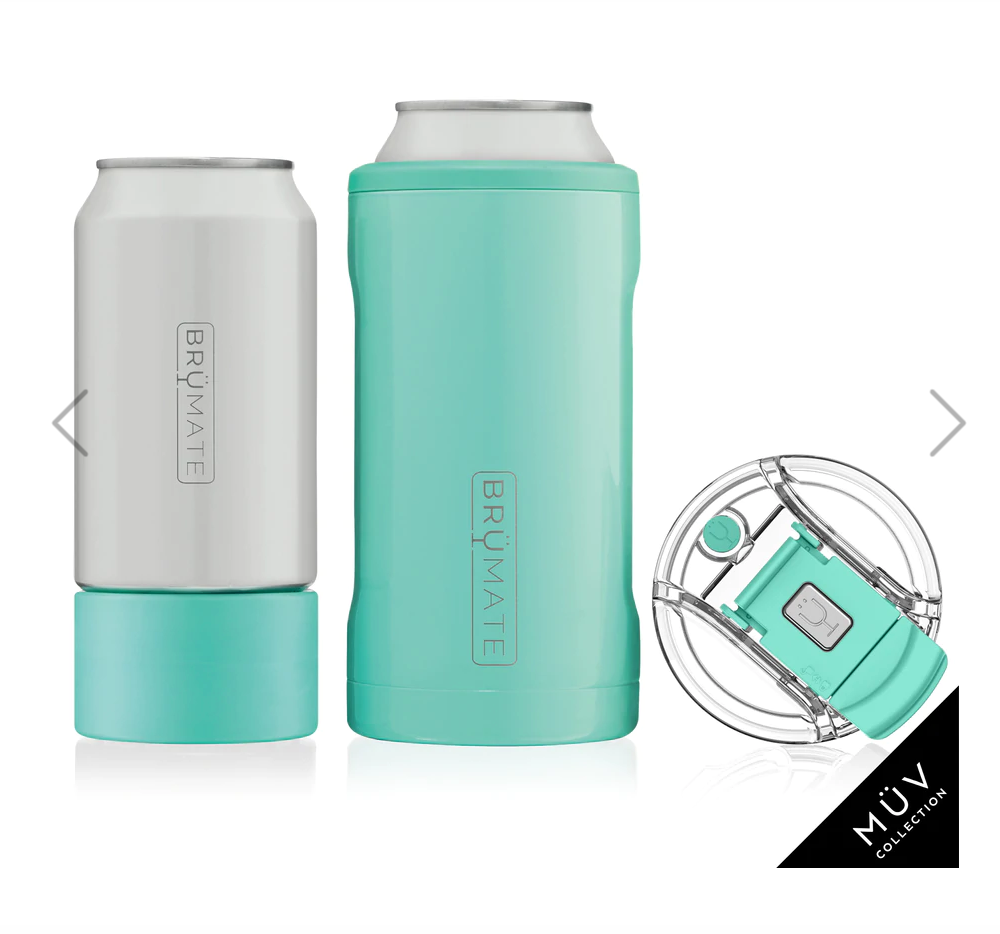 Product photograph by Brumate showcasing a white can-shaped Brümate Hopsulator Slim and a taller teal Brümate Hopsulator Trio alongside a clear spill-proof lid with a teal flip-top closure from the MÜV COLLECTION