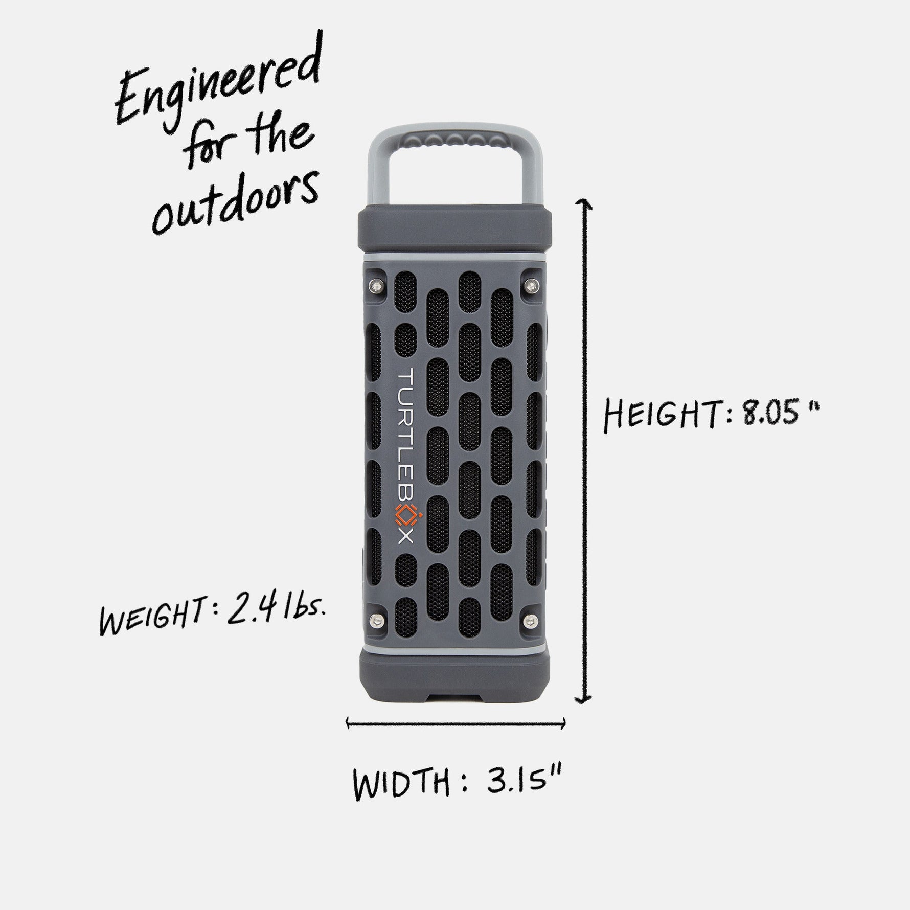 Product photo of a gray and black Turtlebox outdoor speaker with a rugged grille design, featuring the brand logo, text 'Engineered for the outdoors,' and listed dimensions of height 8.05 inches, width 3.15 inches, and weight 2.4 lbs