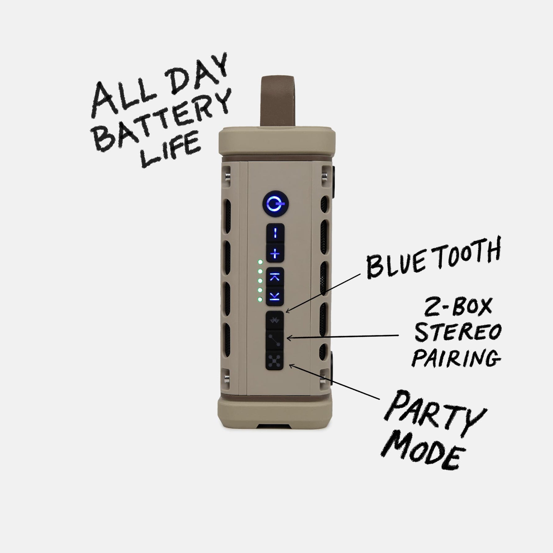 Product image of a tan portable Bluetooth speaker on a white background with a blue power button, green battery lights, and annotated features including all day battery life, Bluetooth, 2-box stereo pairing, and party mode