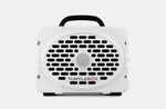 Product photography of a white Turtlebox rugged portable speaker featuring a black top handle, a distinctive oval grille with horizontal slots, and the Turtlebox logo with a red X on a clean white background
