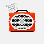 An orange Turtlebox portable speaker featuring a white grille with black slots, a black handle, and the descriptive text "Engineered for the Outdoors" on a plain background
