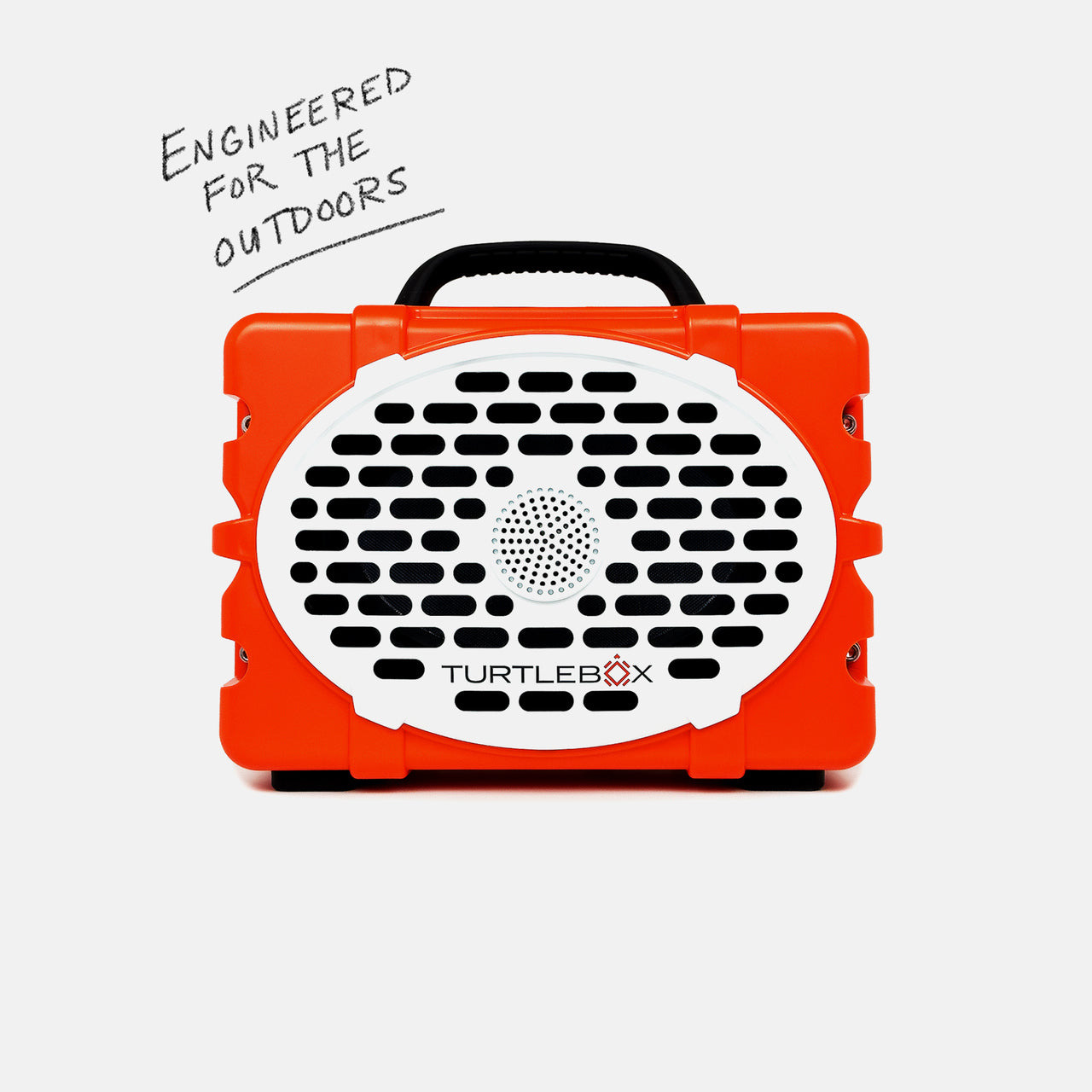An orange Turtlebox portable speaker featuring a white grille with black slots, a black handle, and the descriptive text "Engineered for the Outdoors" on a plain background