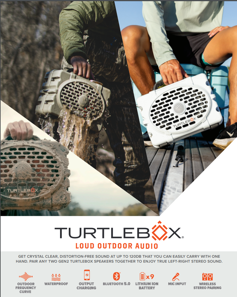 Product image of Turtlebox outdoor speakers, depicting a muddy camouflage unit splashing water and a clean white speaker held on a boat deck, showcasing their rugged and versatile design