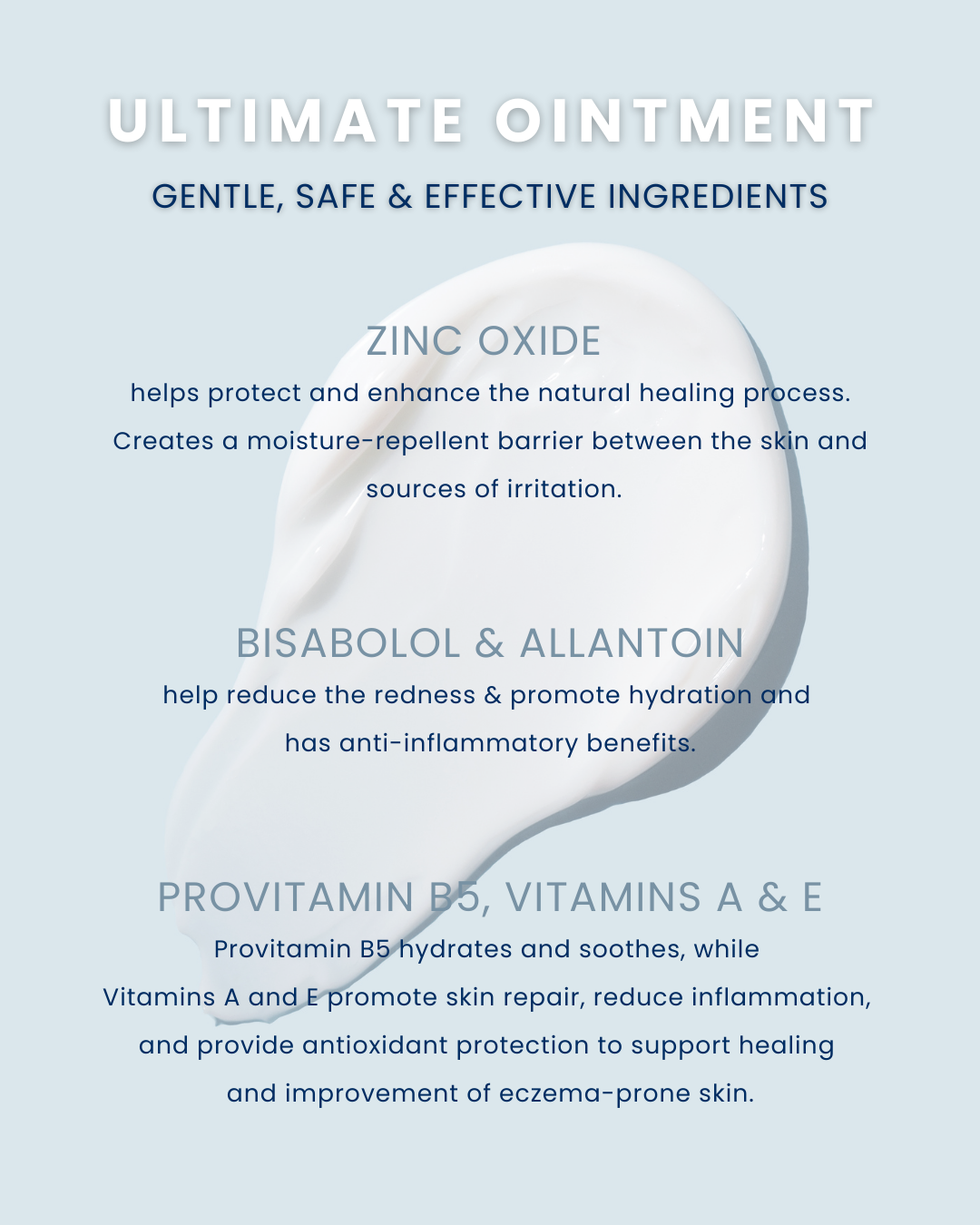 An informational graphic for Ultimate Ointment showcasing a white cream swirl with key ingredients like Zinc Oxide for protective barriers, Bisabolol and Allantoin for anti-inflammatory hydration, and Provitamin B5 with Vitamins A and E for skin repair on a light blue background