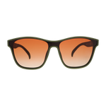 A pair of stylish sunglasses with dark green frames and striking orange gradient lenses complemented by black temples