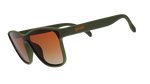 goodr sunglasses with a matte olive green frame orange-brown gradient lenses and an orange goodr logo on the temple