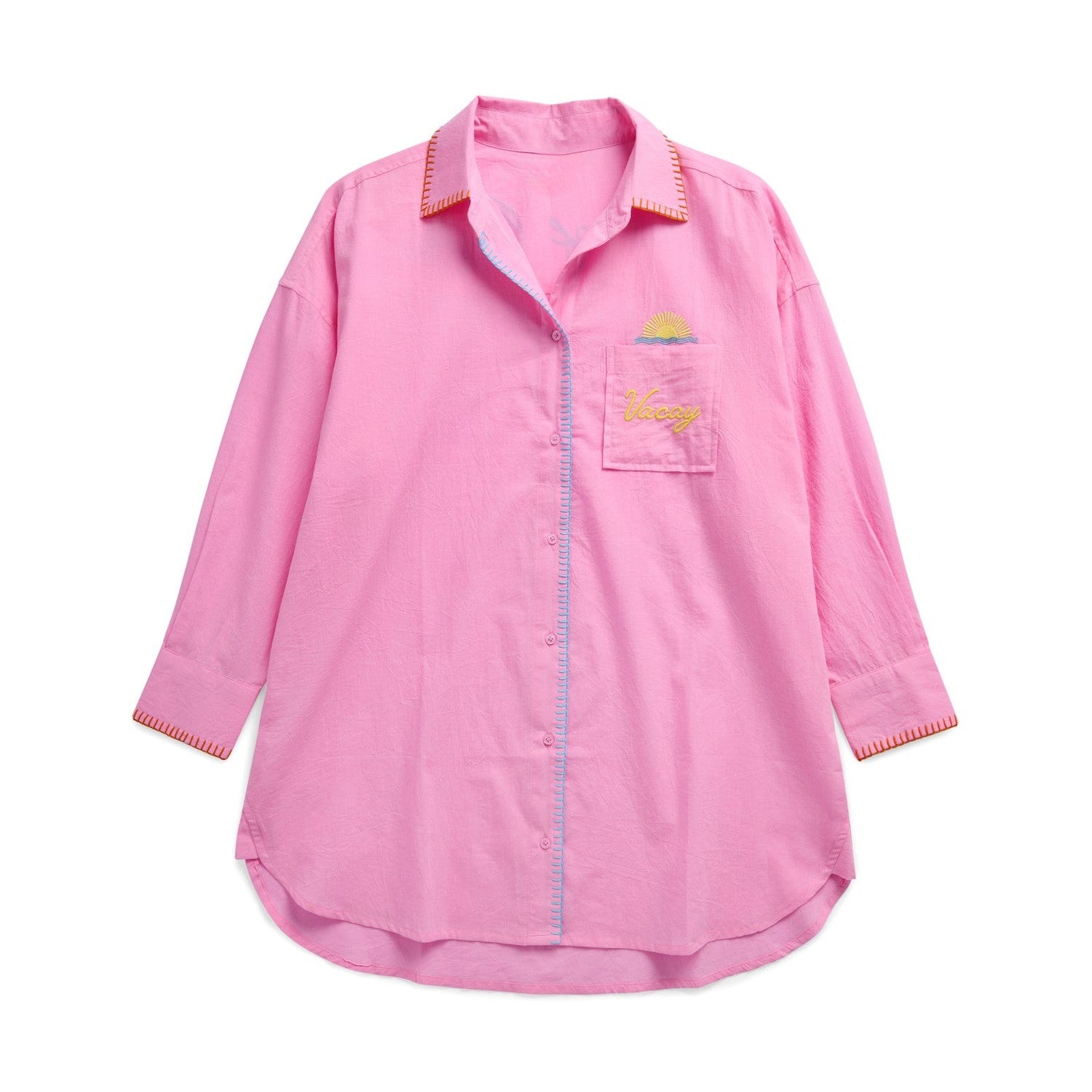 Pink button down shirt with long sleeves and embroidered sun and Vacay text on the chest pocket