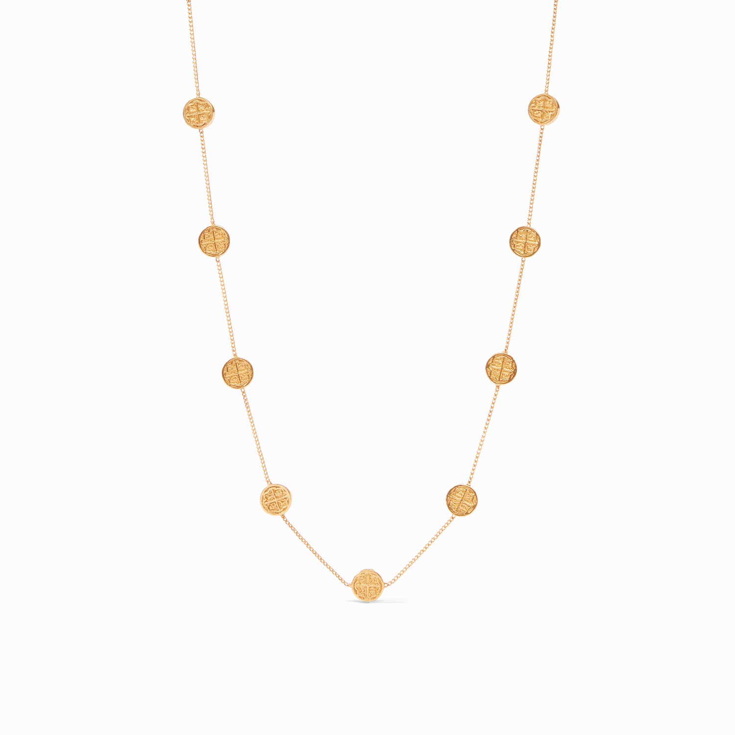 Gold chain necklace featuring evenly spaced circular coin charms with embossed cross designs
