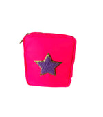 Neon hot pink square pouch featuring a prominent purple fuzzy star with a gold glitter outline and a top zipper on a white background