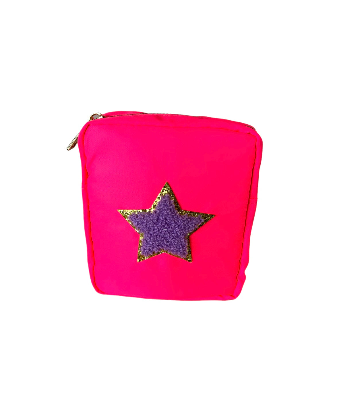 Neon hot pink square pouch featuring a prominent purple fuzzy star with a gold glitter outline and a top zipper on a white background