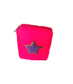 Digital image of a bright neon pink cosmetic bag featuring a gold zipper and a purple shaggy star with gold glitter trim