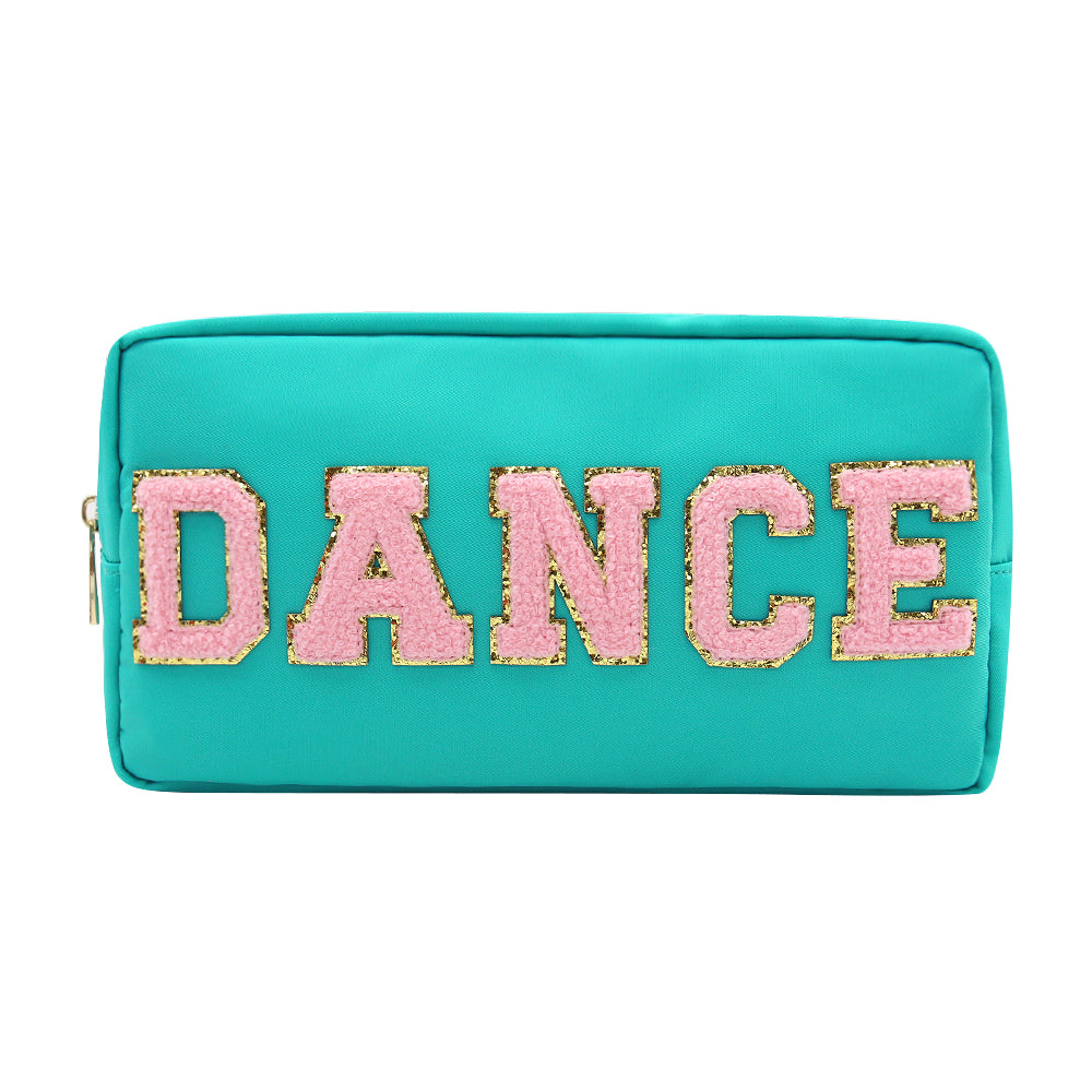 Vibrant teal textile pouch featuring the word DANCE in fuzzy pink chenille letters with a glittery gold outline