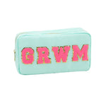 Mint green quilted cosmetic pouch bag featuring hot pink chenille letters GRWM with sparkling gold glitter outlines and a gold zipper