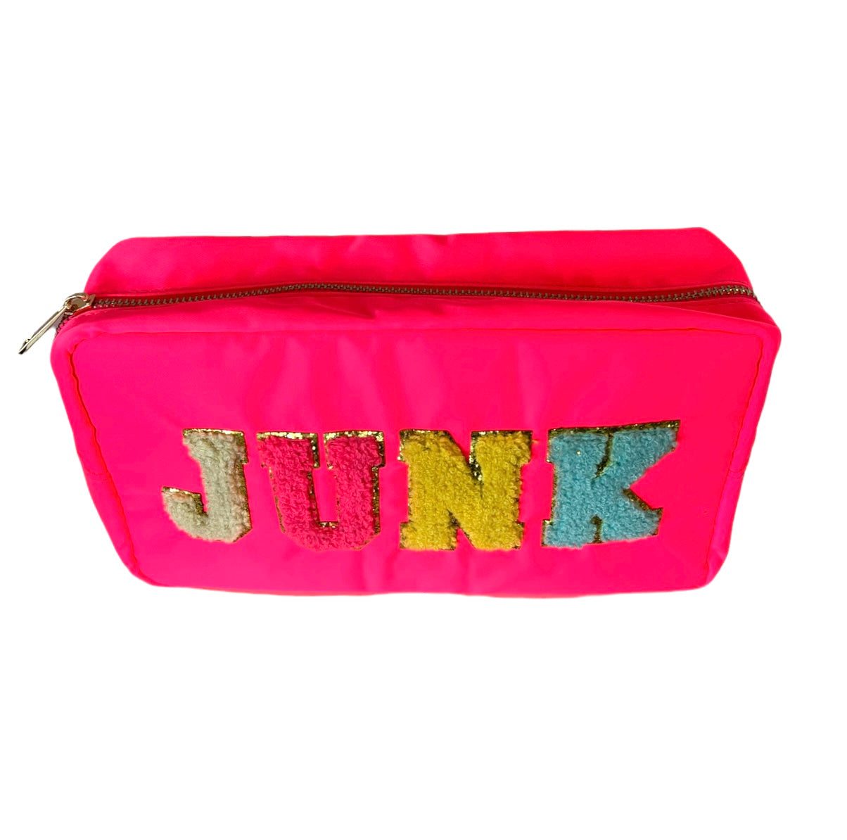 Neon pink zippered cosmetic pouch adorned with the word JUNK in fuzzy multicolored letters outlined with gold glitter