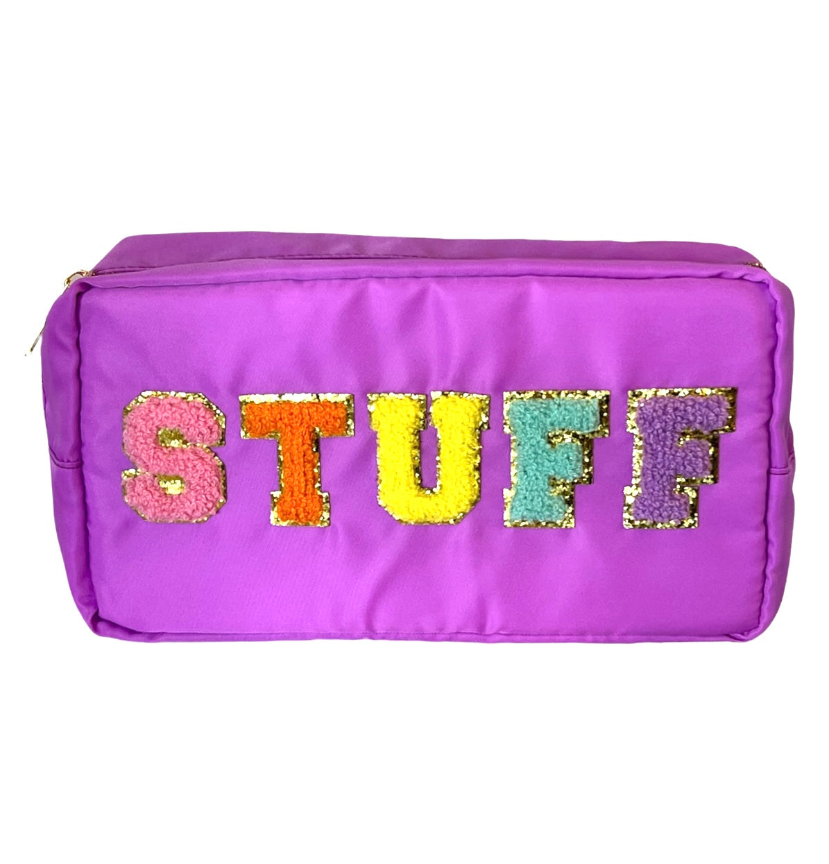 A rectangular purple nylon pouch adorned with the word STUFF in large, colorful, chenille-textured letters outlined in gold glitter