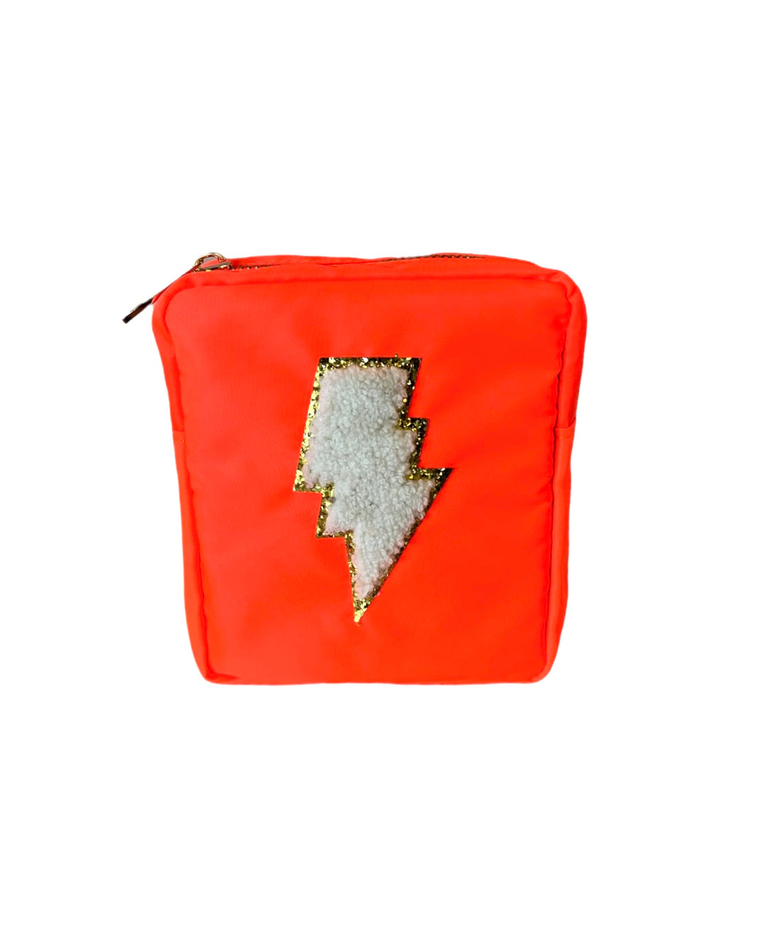 Neon orange zippered pouch displaying a fluffy white sherpa lightning bolt outlined in glittering gold