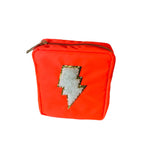 Neon orange pouch featuring a gold zipper and a white fluffy lightning bolt applique outlined in gold glitter
