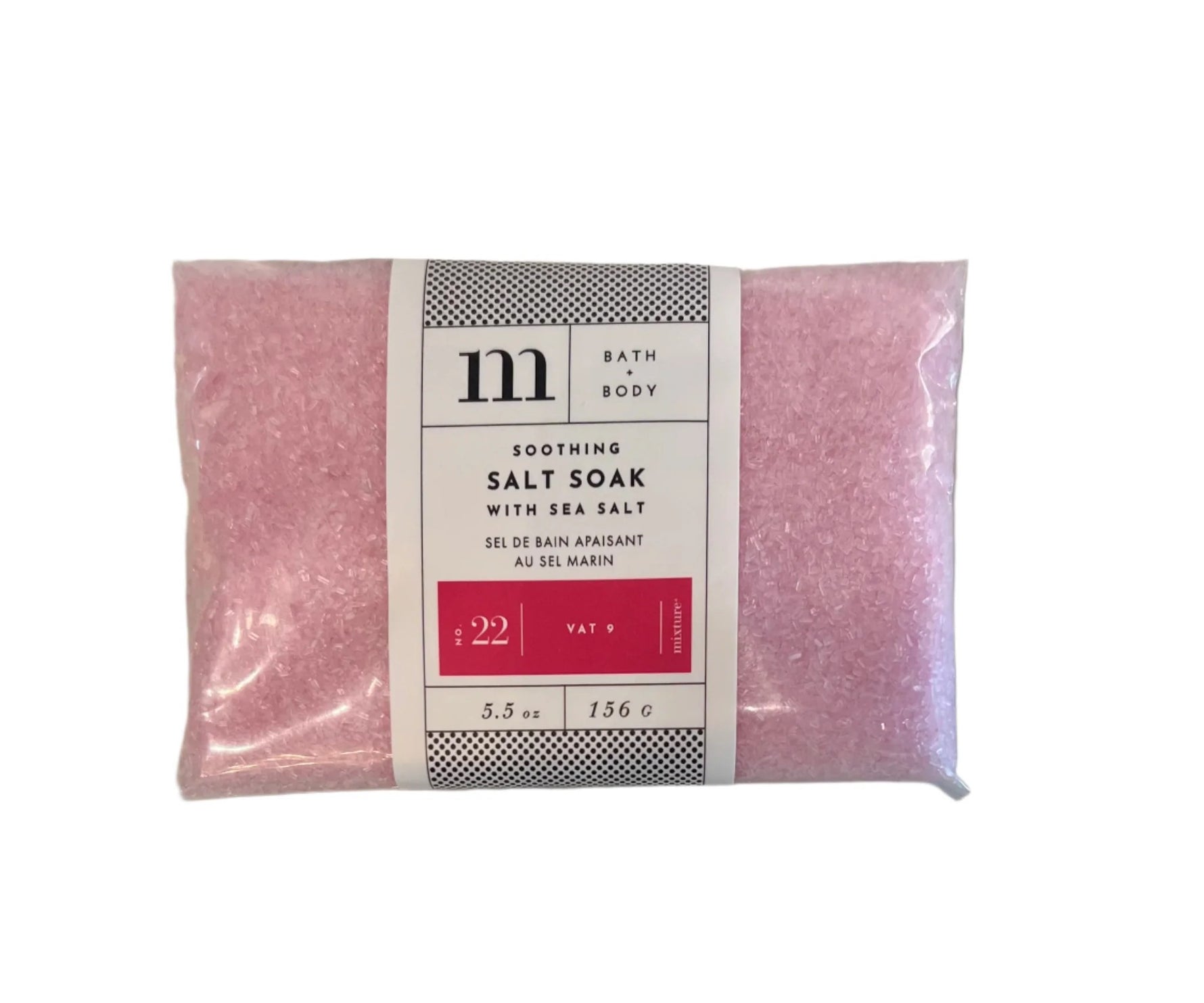 Clear plastic bag filled with pink bath salt crystals and a central label for Mixture bath and body salt soak