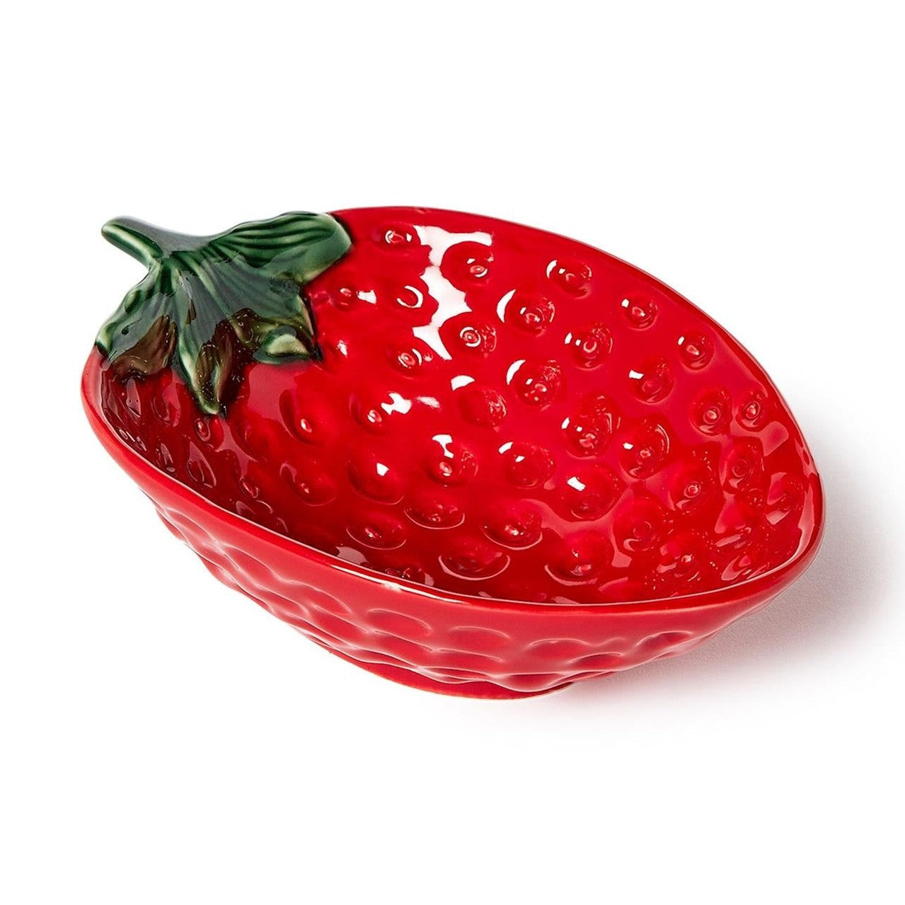 Ceramic strawberry bowl with a bright glossy red glaze, small raised bumps simulating seeds, and a green stem