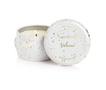Capri Blue Volcano scented candle in a white and gold speckled metal tin with lid