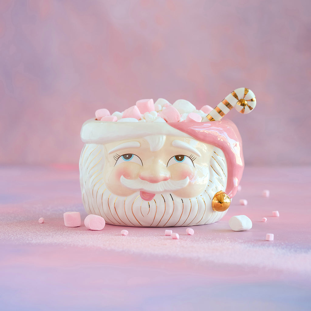 Pink Santa punch bowl with a peppermint hat