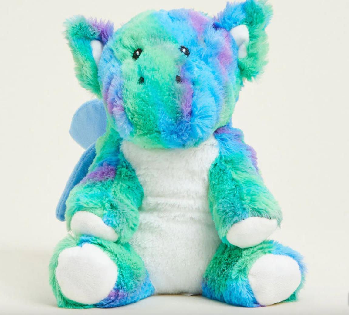 Plush dragon toy with blue green and purple tie dye fur and white belly