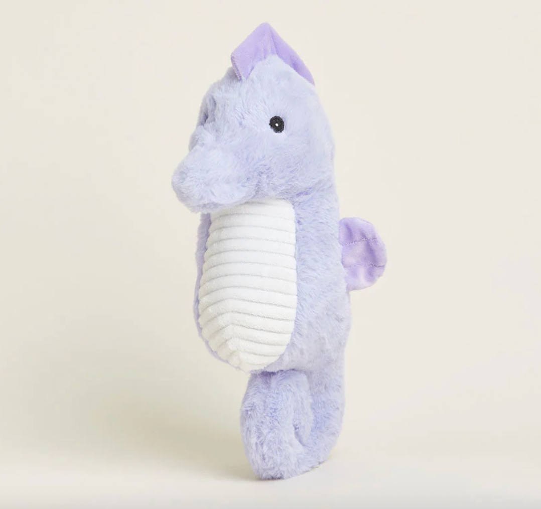 Plush seahorse toy in light purple with a white ribbed belly
