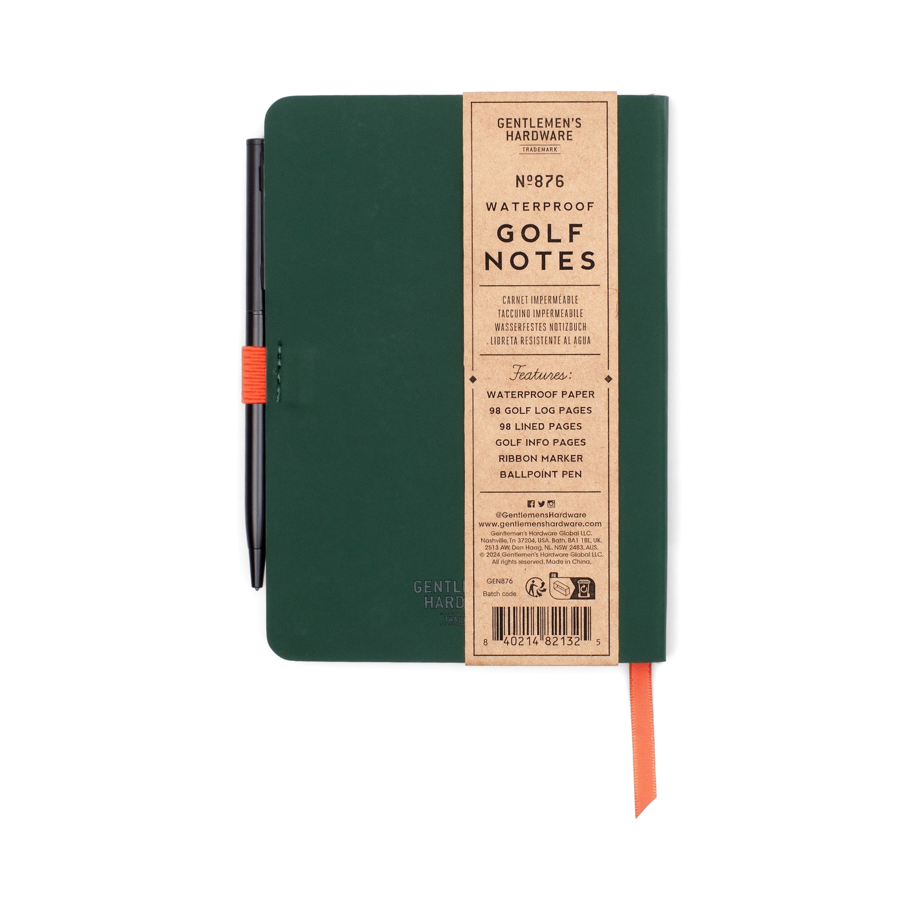 Gentlemen's Hardware dark green waterproof Golf Notes journal featuring a black ballpoint pen with an orange elastic holder, a kraft paper band detailing waterproof paper and 98 golf log pages, and an orange ribbon bookmark