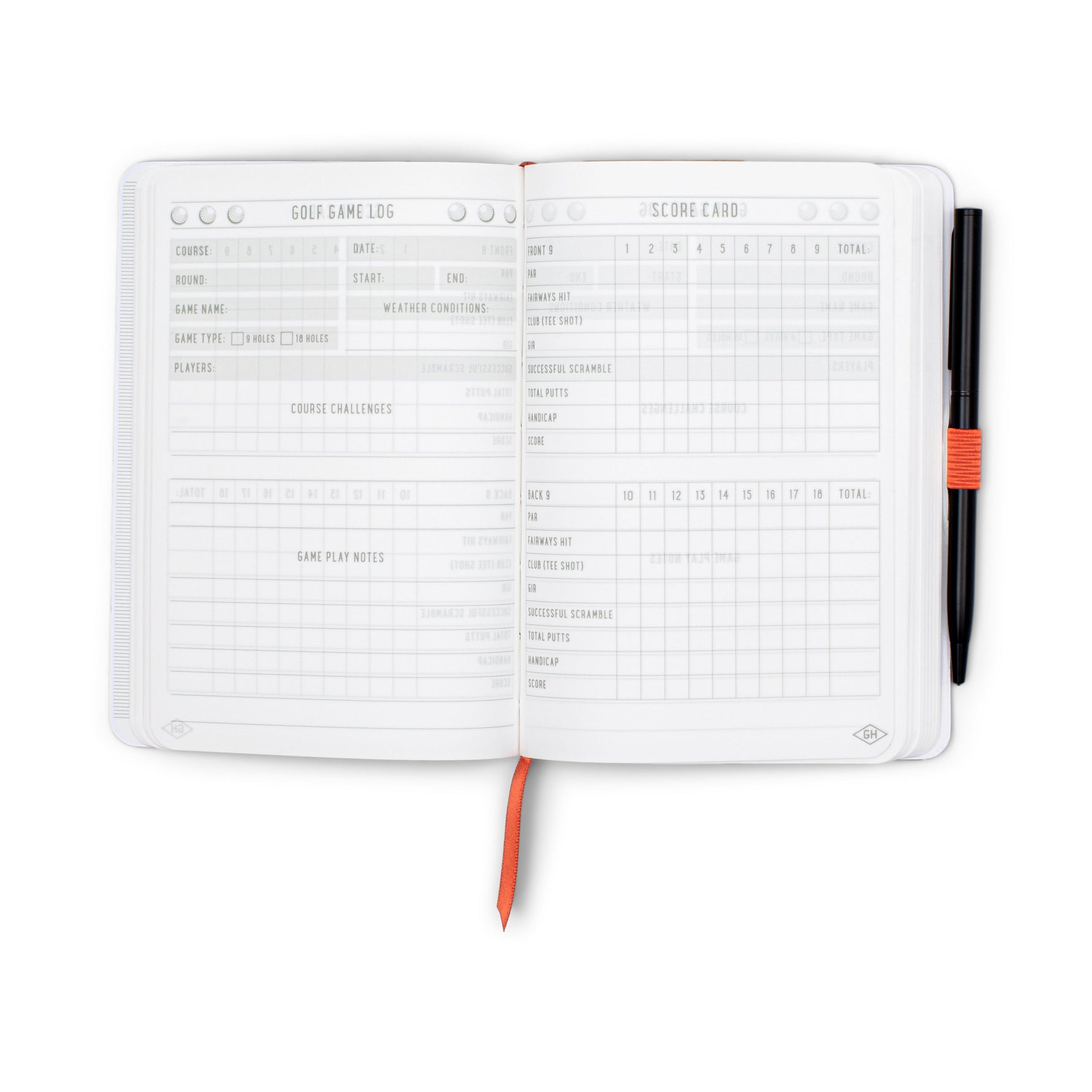 Studio shot of an open white golf game log book and score card planner with a black pen featuring an orange elastic band and an orange ribbon bookmark