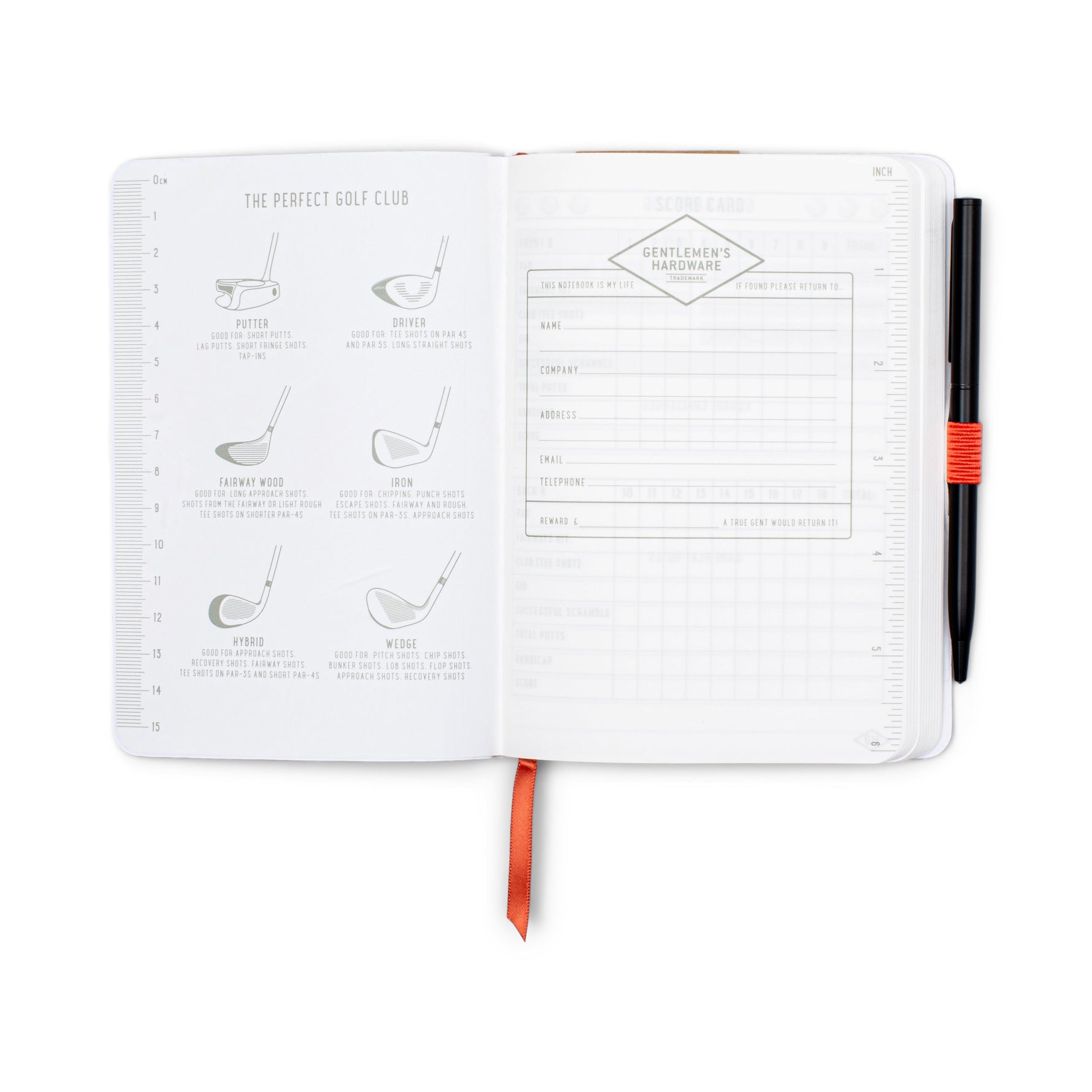 Product photograph of an open Gentlemen's Hardware golf score card notebook on a white background, with rulers marked in centimeters and inches, displaying illustrations of golf clubs on the left page and a score sheet with contact information on the right, alongside a black pen with an orange elastic band and an orange ribbon bookmark